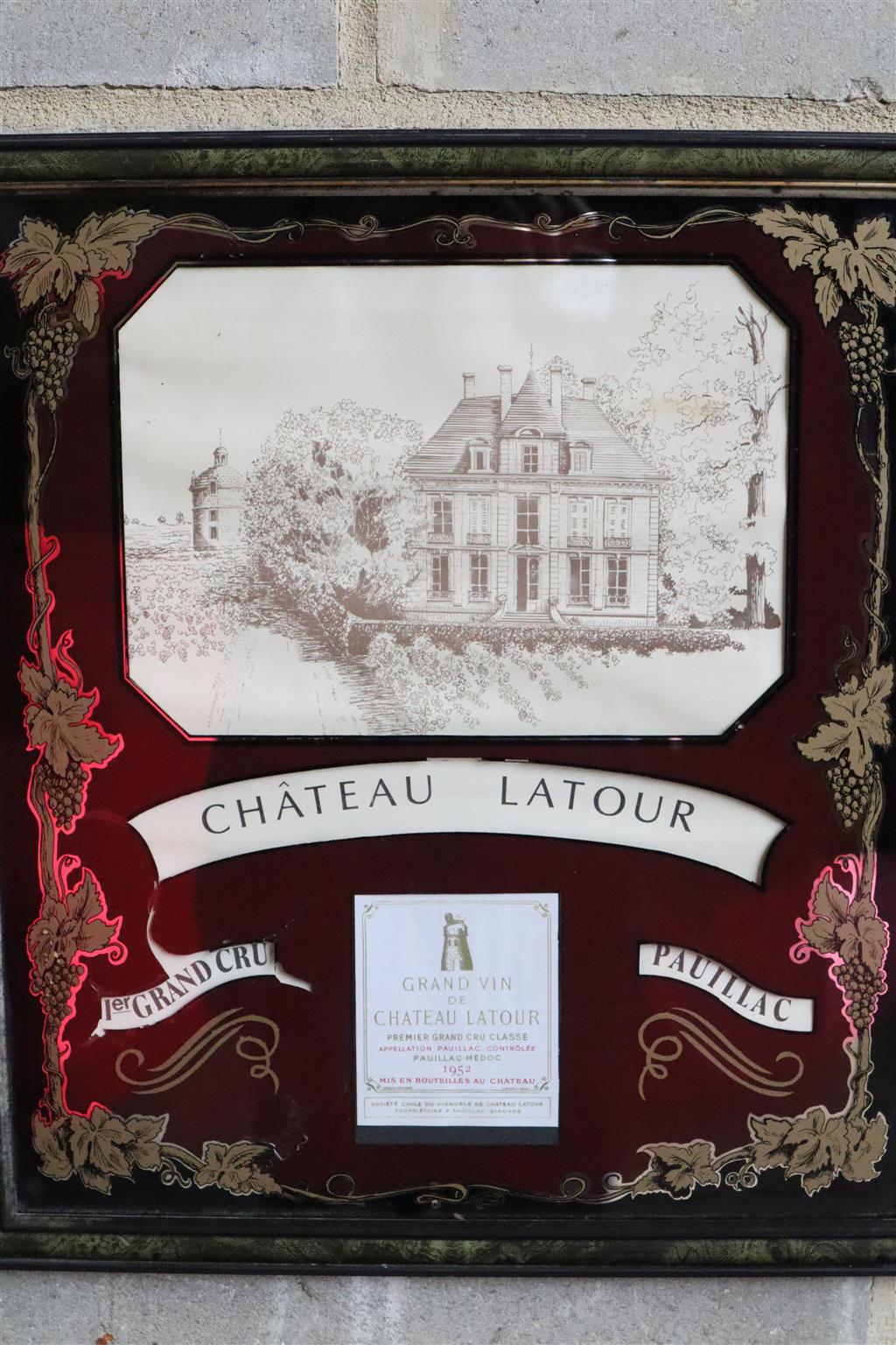 Chateau Latour and Haut Brion, two framed prints, 42 x 47cm